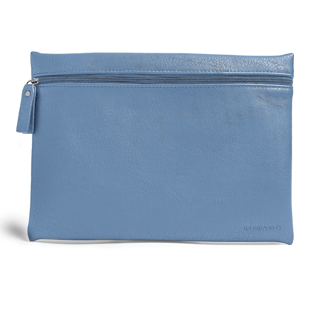 Burano Cosmetic Bag Vegan Leather Flat Zipper Pouch Ocean Blue Make Up Bag